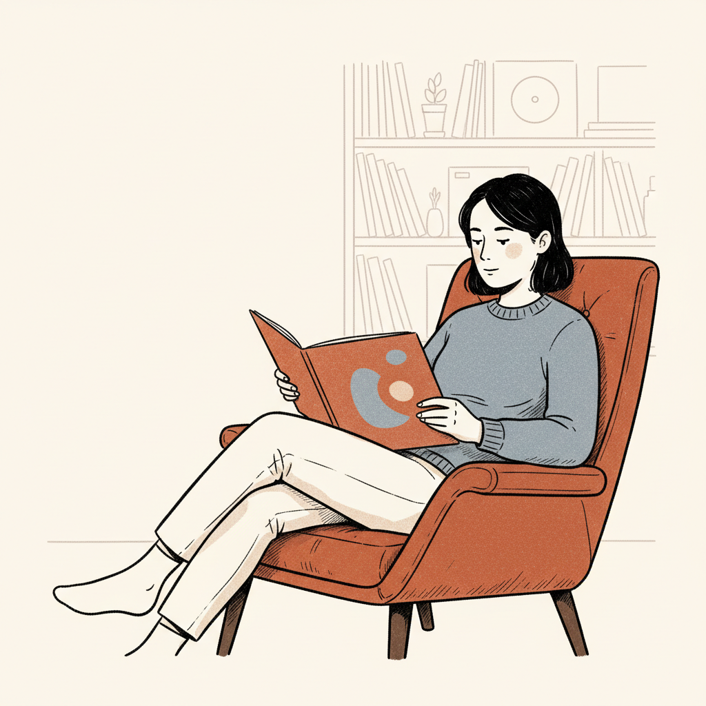 Illustration of a person in a lounger reading a record sleeve in a library