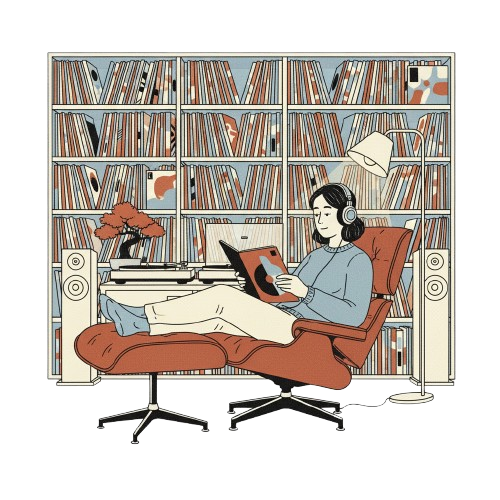 Illustration of a person in a lounger reading a record sleeve in a library